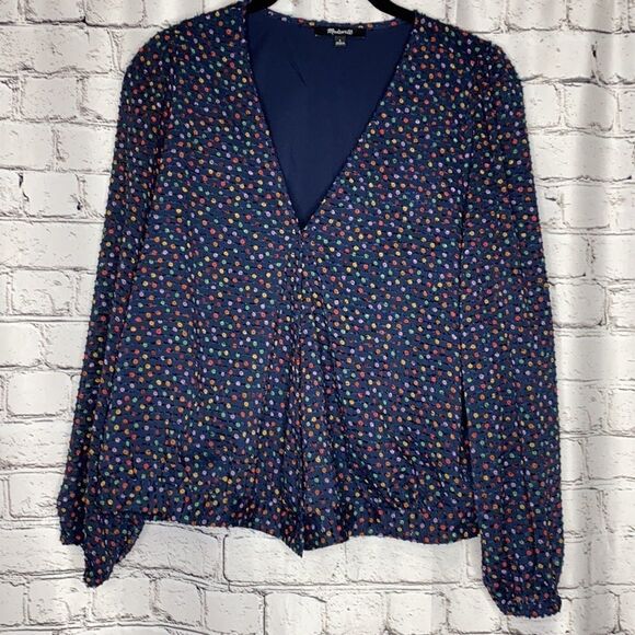 Madewell Lyric Wrap Surplice Neck Dot Long‎ Sleeve Top Blue Multi Size S EGUC - Picture 5 of 16